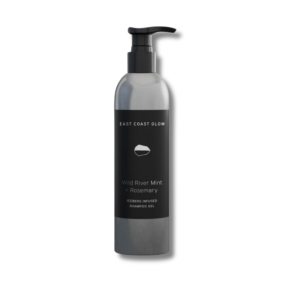 East Coast Glow Wild River Mint + Rosemary Iceberg Infused Shampoo Gel in a bottle, featuring a concentrated formula with wildcrafted botanicals for fresh, balanced hair.