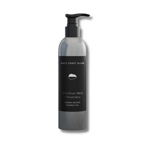 East Coast Glow Wild River Mint + Rosemary Iceberg Infused Shampoo Gel in a bottle, featuring a concentrated formula with wildcrafted botanicals for fresh, balanced hair.