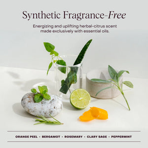 Herbal and citrus elements with a glass container on a light background, promoting synthetic fragrance-free products.