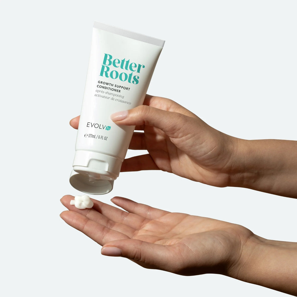 EVOLVH Better Roots Growth Support Conditioner, a lightweight formula for stronger, smoother, and shinier hair. Suitable for all hair types.