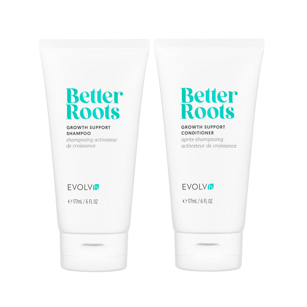 EVOLVH Better Roots Growth Support Duo - shampoo and conditioner for thicker, stronger hair with a nourishing formula.