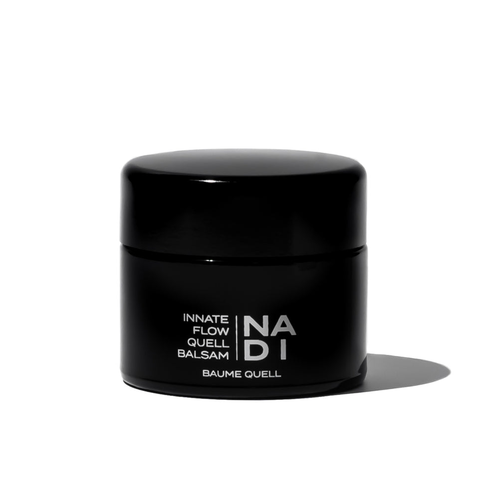 FIFTY7KIND NADI Innate Flow Quell Balsam - rejuvenating sleep mask in a Miron Glass jar, featuring organic Blue Tansy and Rainforest Blue for skin hydration and calming benefits.