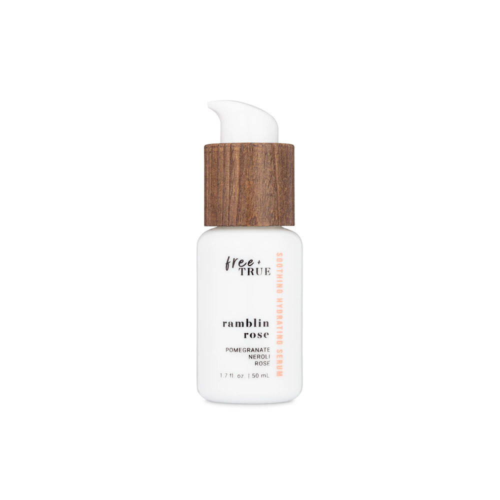 FREE + TRUE Ramblin Rose Hydrating Serum in white glass bottle with white and bamboo pump, on white background