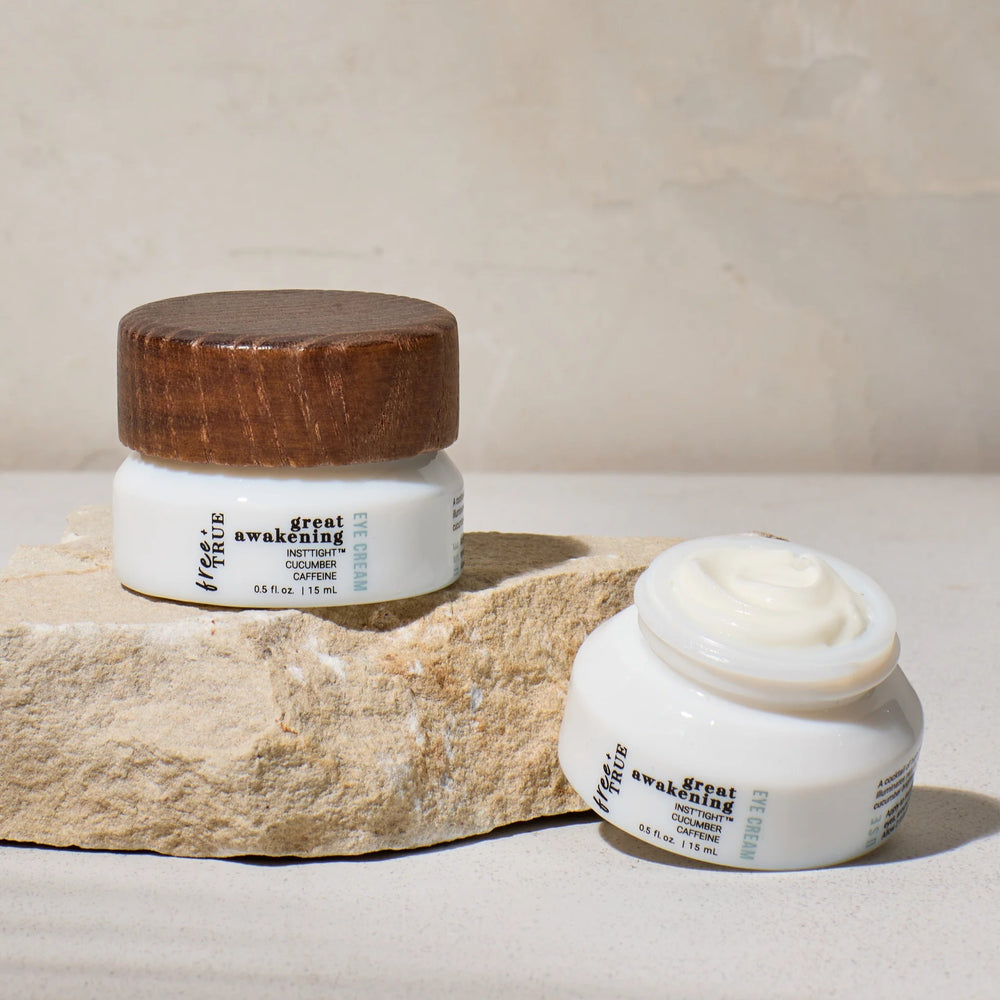 FREE + TRUE Great Awakening Peptide Eye Cream in a white jar.