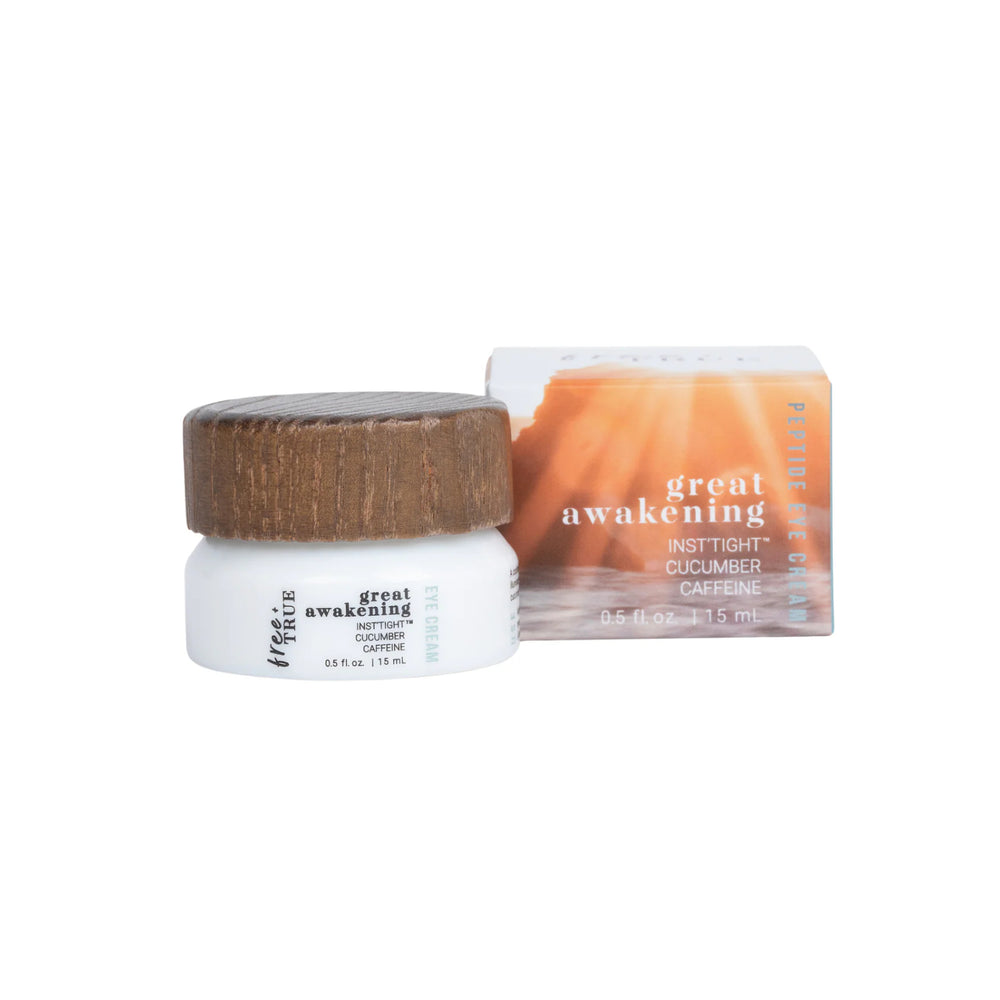 FREE + TRUE Great Awakening Peptide Eye Cream in a white jar.