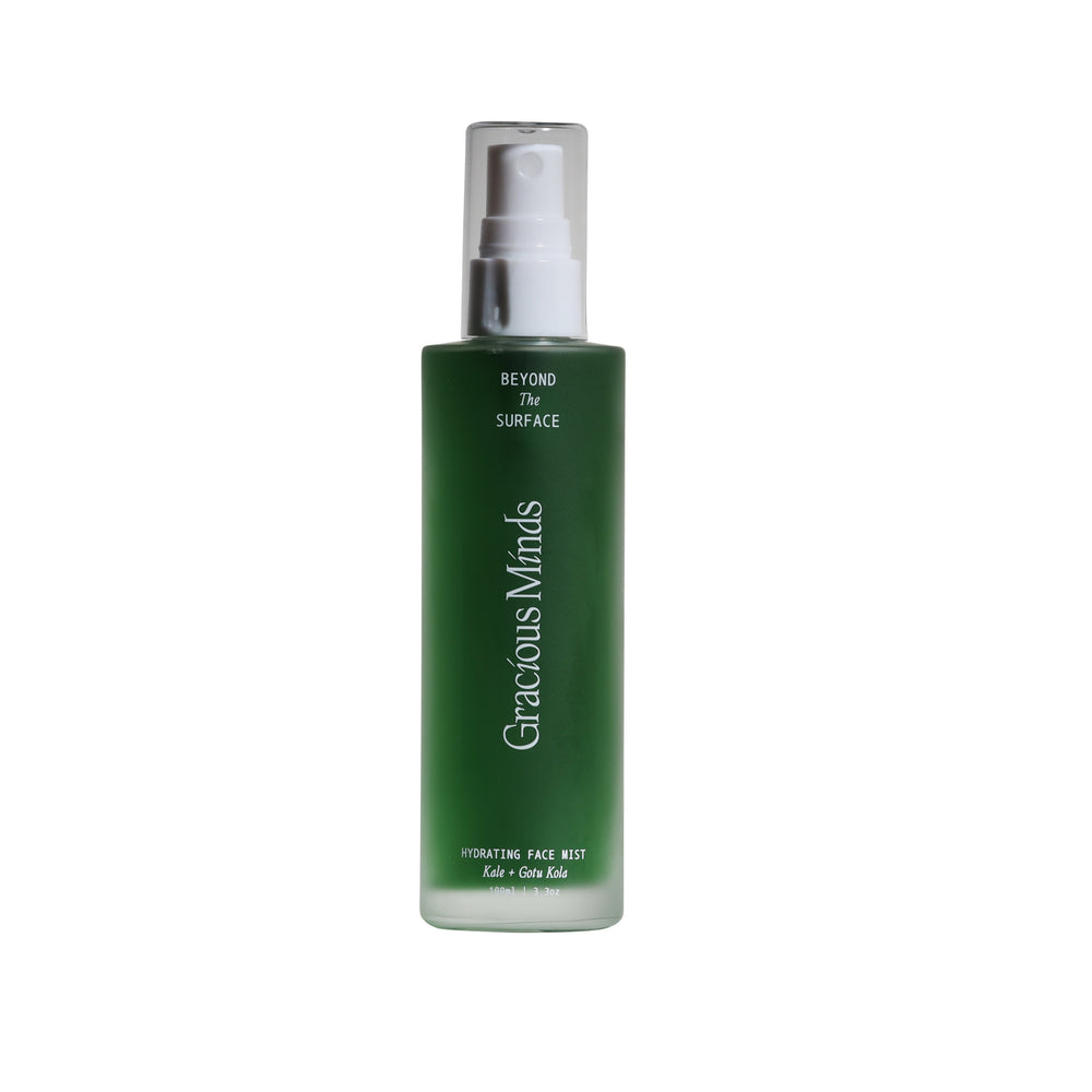 GRACIOUS MINDS Beyond The Surface Hydrating Mist Toner with green superfood extracts and hyaluronic acid on white background