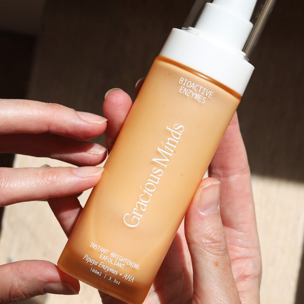 Gracious Minds Bioactive Enzymes Instant Brightening Exfoliant – a natural 2-in-1 facial exfoliator with fruit enzymes and AHAs for a radiant, polished look.