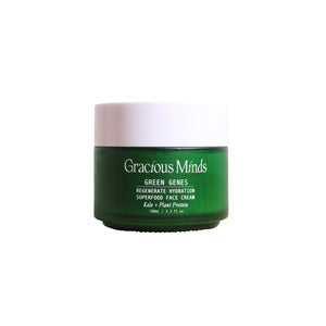 Gracious Minds Green Genes Regenerate Hydration Superfood Face Cream with Australian superfoods kale, hemp, and pea protein peptides in a lightweight formula for deep hydration.