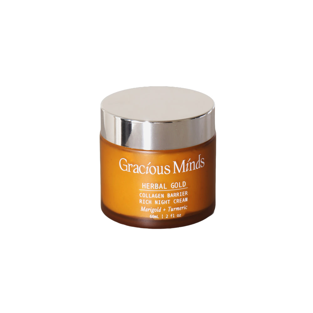 Gracious Minds Herbal Gold Barrier Night Cream – a nourishing night balm with turmeric, bush tomato, and vegan collagen for soft, replenished skin.