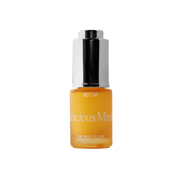 Nectar Complex Firming Eye Serum by Gracious Minds – 15ml clear glass bottle with Australian native banksia flower nectar, plant stem cells, and bakuchiol for smooth, nourished under-eye skin.