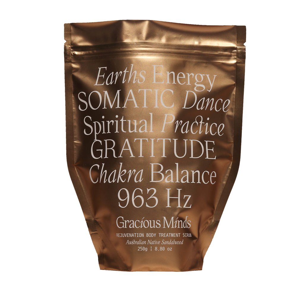 Gracious Minds Rejuvenation Body Scrub with Australian Native Sandalwood, a luxurious exfoliating blend for smooth, refreshed skin.