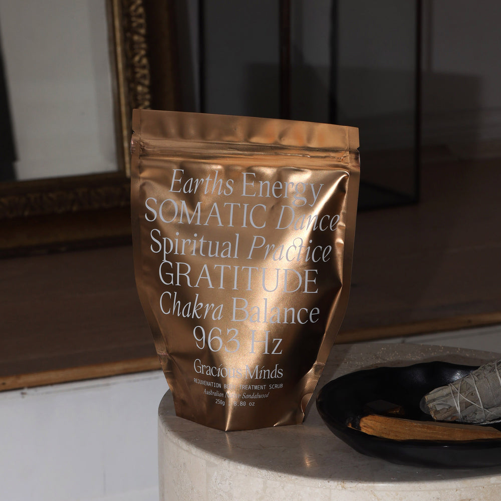 Gracious Minds Rejuvenation Body Scrub with Australian Native Sandalwood, a luxurious exfoliating blend for smooth, refreshed skin.