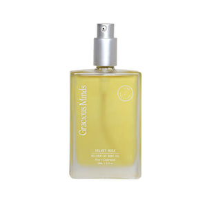 Velvet Rose Body Oil by Gracious Minds – 100ml bottle with Camellia Seed Oil, Cedarwood, and Rose Geranium for soft, nourished skin.