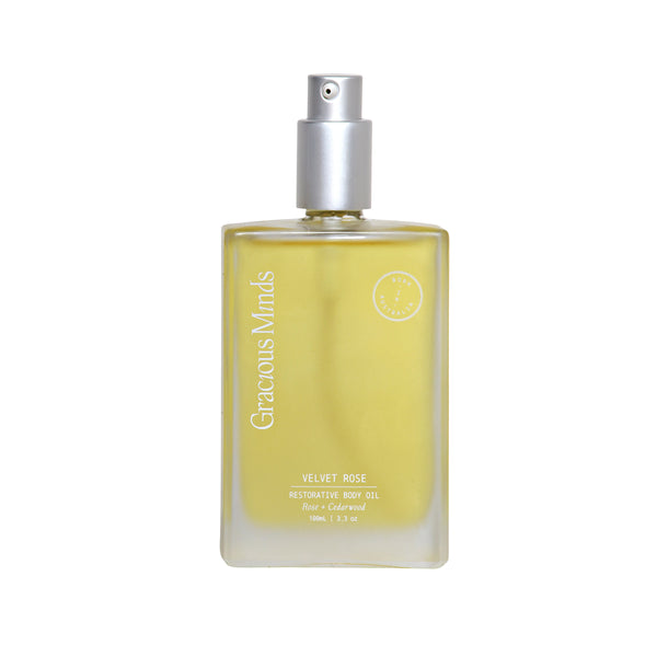Velvet Rose Body Oil by Gracious Minds – 100ml bottle with Camellia Seed Oil, Cedarwood, and Rose Geranium for soft, nourished skin.