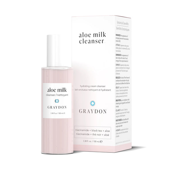 Graydon Skincare Aloe Milk Cleanser – a gentle, hydrating cream cleanser with niacinamide, aloe vera, and black tea extract, designed for a soft, refreshed complexion.