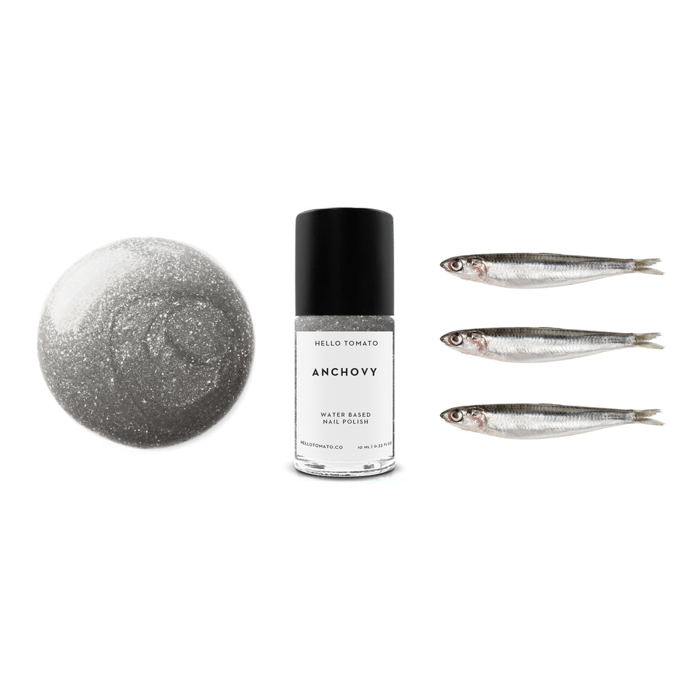 HELLO TOMATO Anchovy, a cool silver metallic glitter nail polish on white background