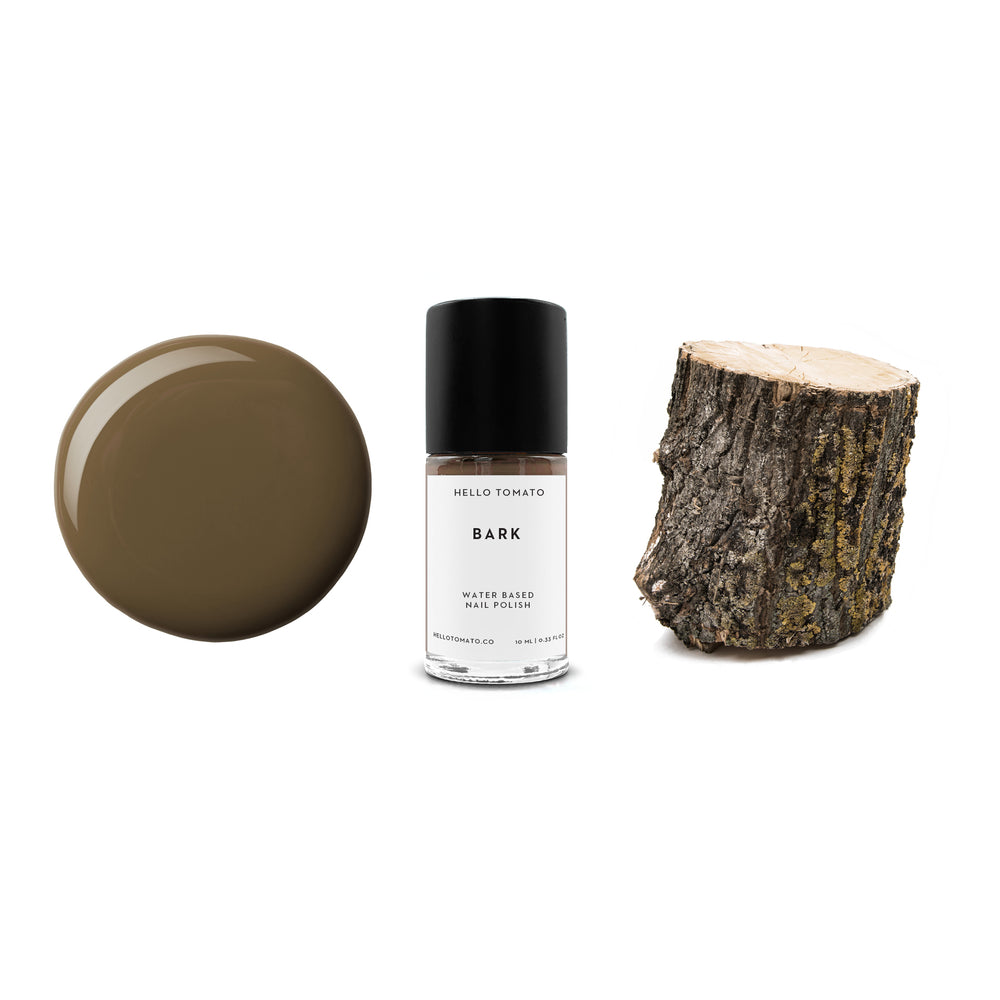 HELLO TOMATO Bark nail polish, a dark earthy brown, inspired by the unique characteristics and color variations of a tree trunk.