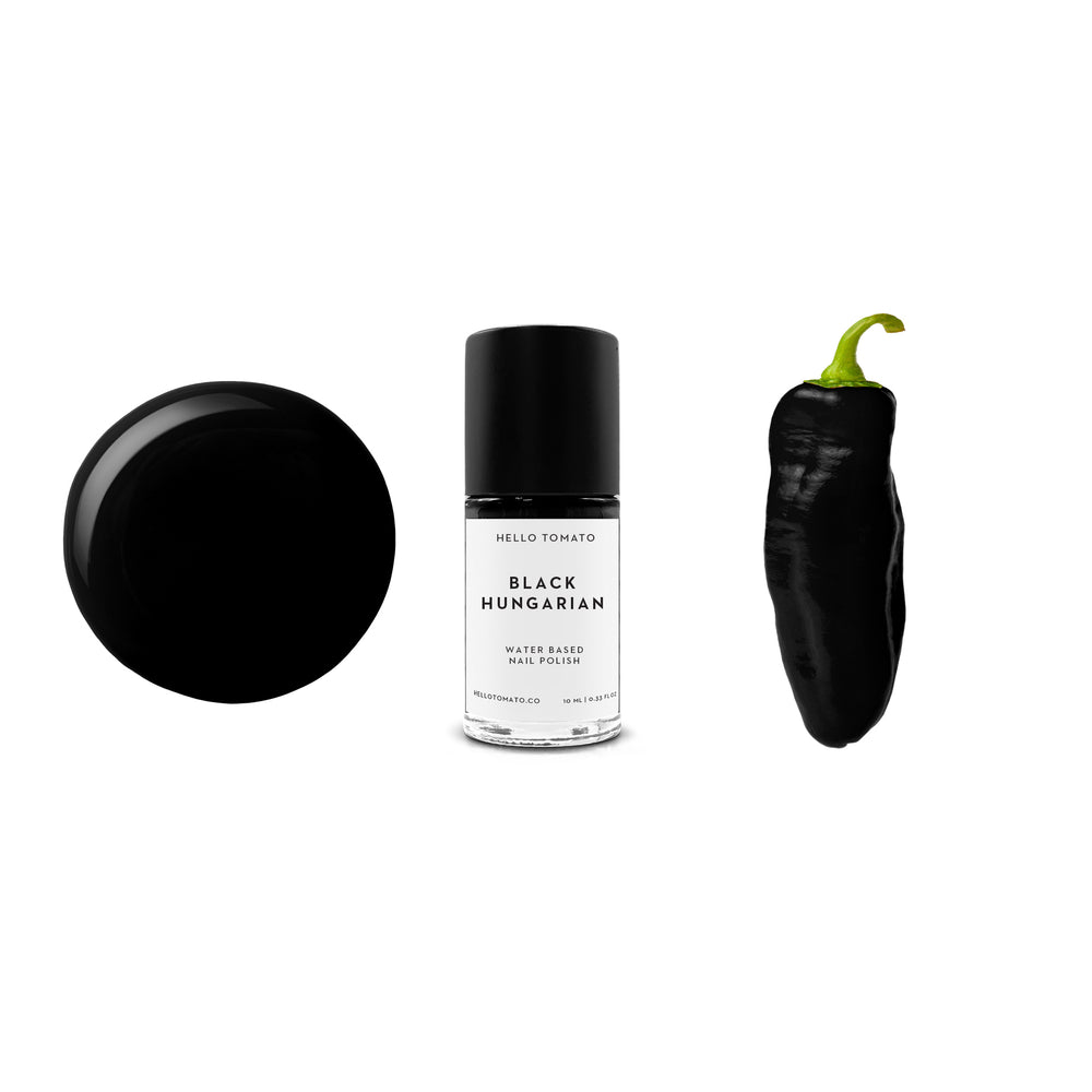 HELLO TOMATO Black Hungarian nail polish, a jet black, like the hot peppers of Kiskenfelegyhaza, Hungary.