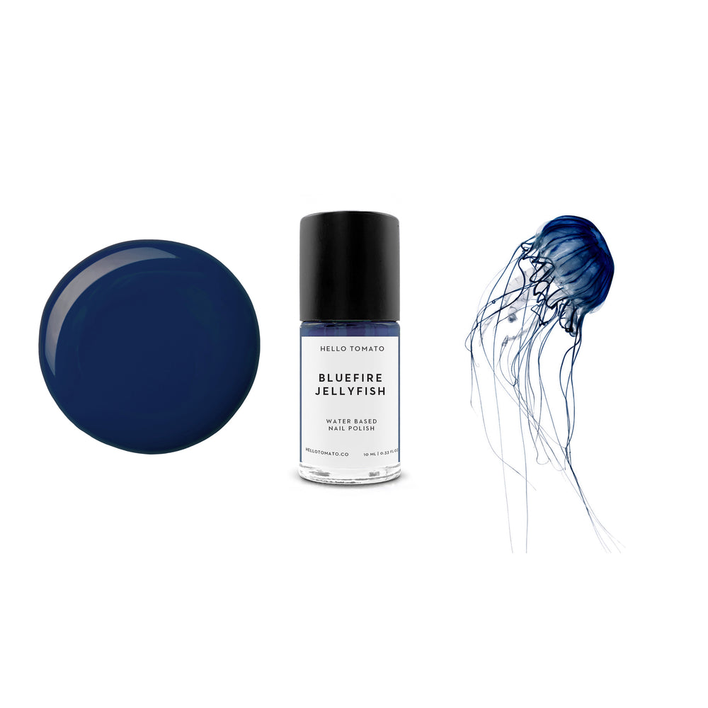 HELLO TOMATO Bluefire Jellyfish nail polish, a deep sophisticated midnight blue inspired by the breathtaking Cyanea Lamarckii jellyfish, capturing the mystery and power of the ocean.