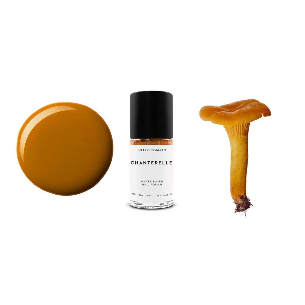 HELLO TOMATO Chanterelle nail polish, a warm brownish orange, with an earthy quality, inspired by the delicate chanterelle mushroom.
