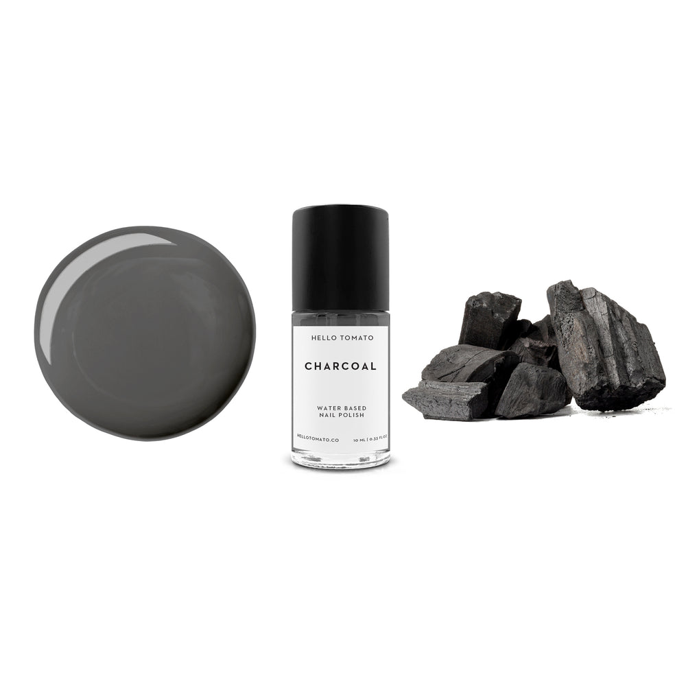 HELLO TOMATO Charcoal nail polish, a sophisticated dark neutral grey, a reminder of the many wonderful uses of charcoal in our lives like art, cooking and detoxification.