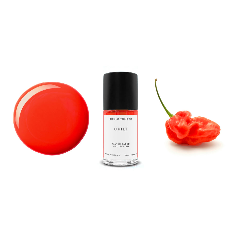 Hello Tomato Chili water-based nail polish bottle on a white background