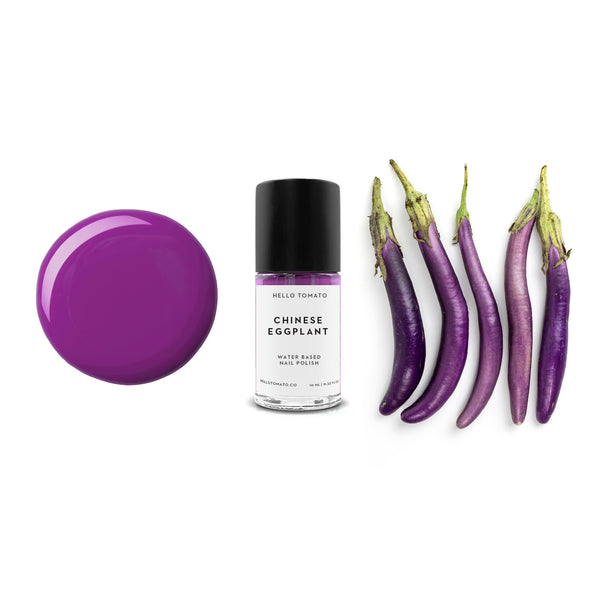 Bottle of HELLO TOMATO Chinese Eggplant nail polish in a cool-toned purple shade, vegan and water-based.