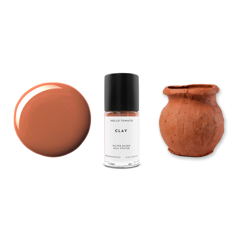 HELLO TOMATO Clay nail polish, an earthy terracotta color reminiscent of the humble but versatile clay.