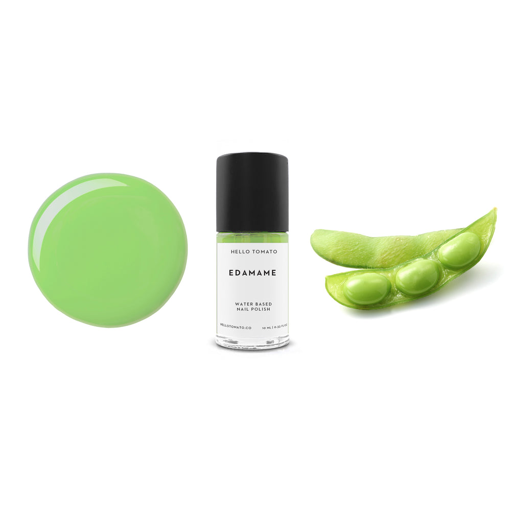 Edamame water-based nail polish bottle with black cap on a white background