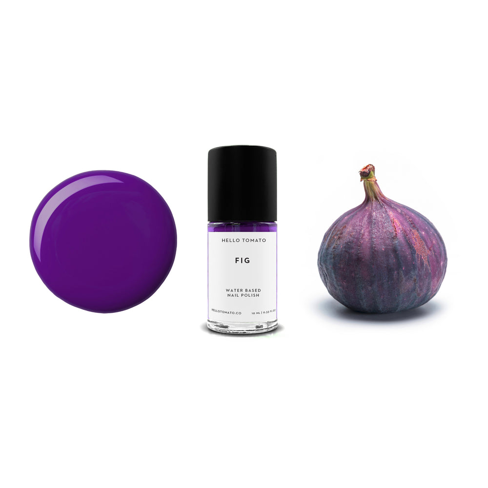 Water-based nail polish bottle labeled 'Fig' by Hello Tomato on a white background