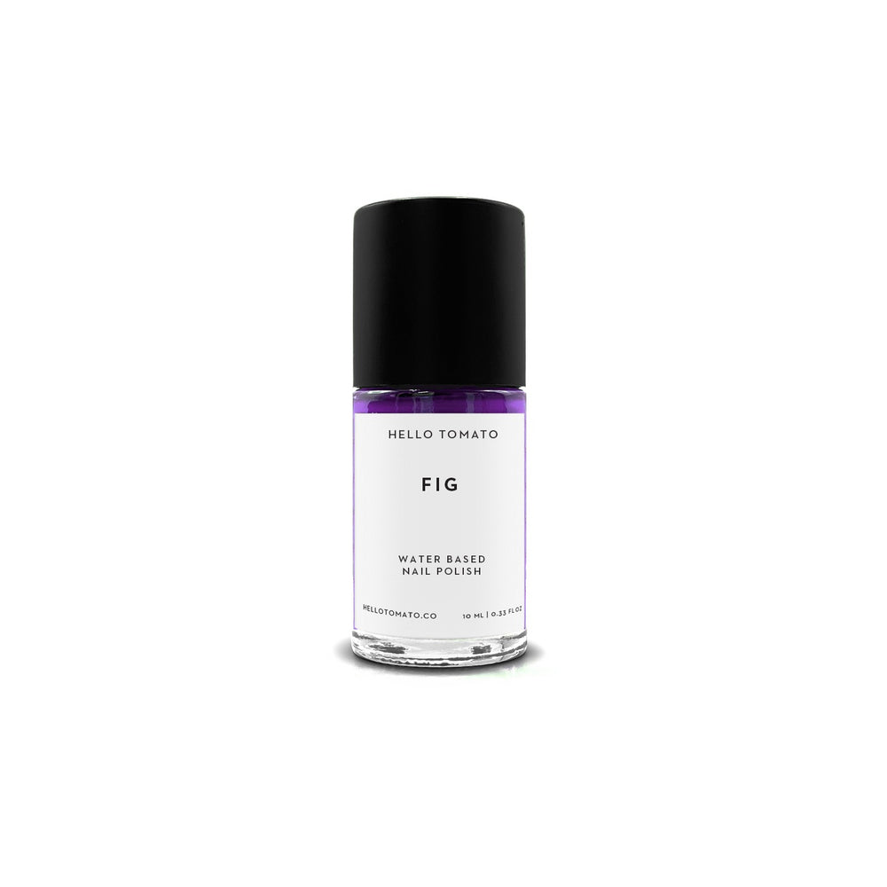 Water-based nail polish bottle labeled 'Fig' by Hello Tomato on a white background