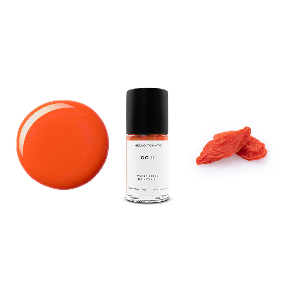 HELLO TOMATO Goji nail polish, an energizing orange with a subtle iridescence, named after one of the superfood, Goji berries. 