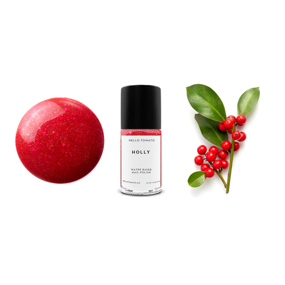 Bottle of HELLO TOMATO Holly nail polish in classic red with gold flecks, water-based, vegan, cruelty-free formula, 0.33 fl oz.