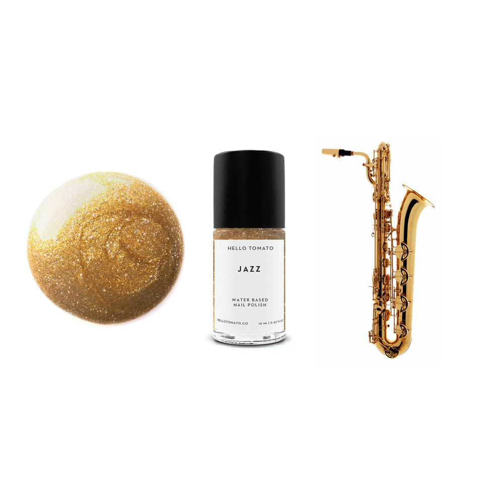 HELLO TOMATO Jazz nail polish, a bold sparkly warm gold to use alone or as an accent.