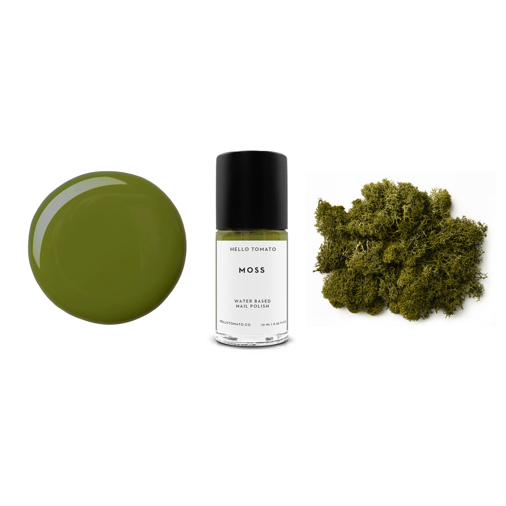 HELLO TOMATO Moss nail polish, an earthy muted green, inspired by these compact, rounded, cushion-like clumps of wet forests.