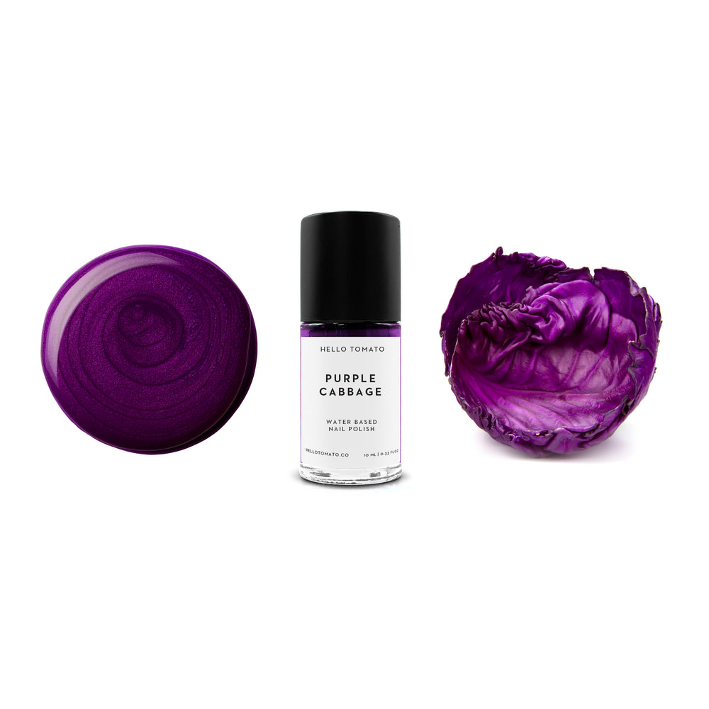 HELLO TOMATO Purple Cabbage nail polish, a subtly lustrous deep purple inspired by this earthy cabbage.