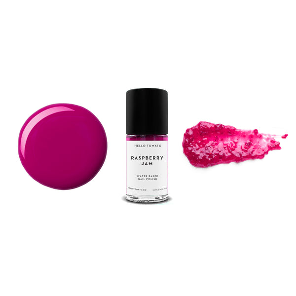 Bottle of HELLO TOMATO Raspberry Jam nail polish in a crimson red shade with purple and magenta tones, vegan and water-based.