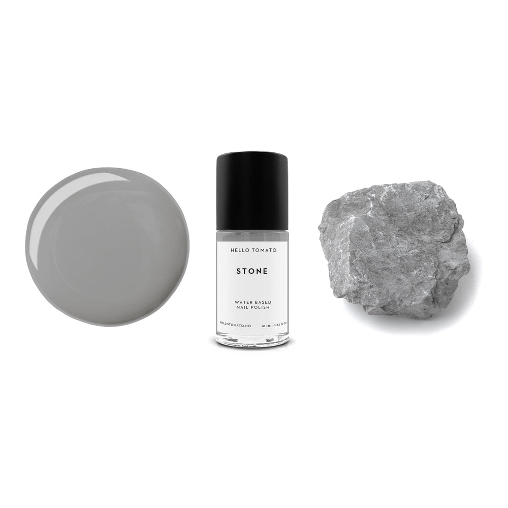 HELLO TOMATO Stone nail polish, a mid neutral grey, reminding us of the beautiful textures of natural stones.