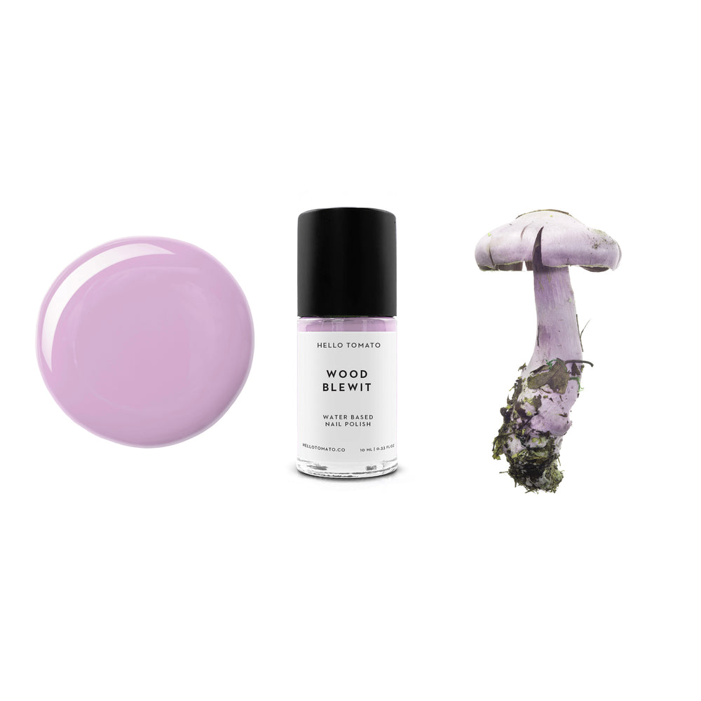 Nail polish bottle labeled 'Wood Blewit' by Hello Tomato on a white background