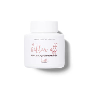 Huella Better Off Plant-Based Nail Lacquer Remover in a 60mL bottle, featuring an acetone-free, soy-based formula with lavender and jojoba oils.