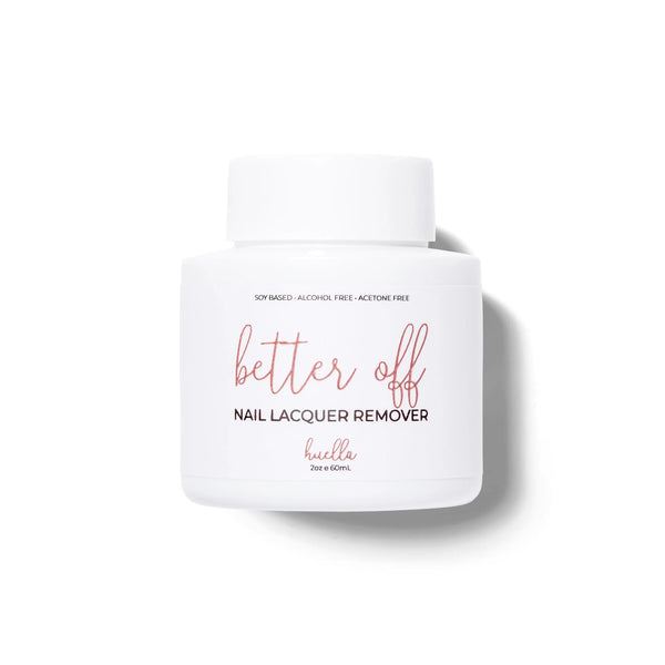 Huella Better Off Plant-Based Nail Lacquer Remover in a 60mL bottle, featuring an acetone-free, soy-based formula with lavender and jojoba oils.