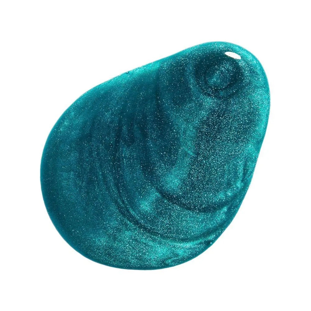 Huella Love, Genevieve nail lacquer in a shimmery teal shade, featuring a 15-free, vegan, and chip-resistant formula.