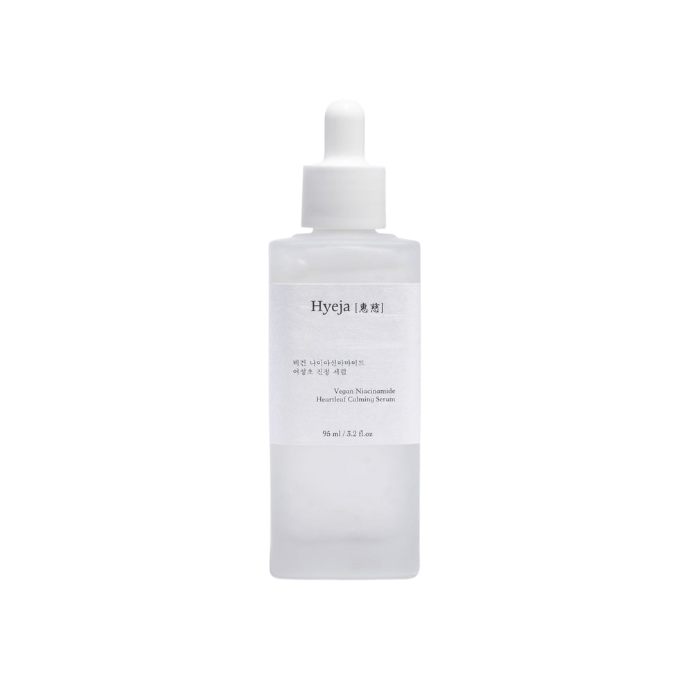 HYEJA Niacinamide Heartleaf Calming Serum in clear glass bottle with white pipette on white background.