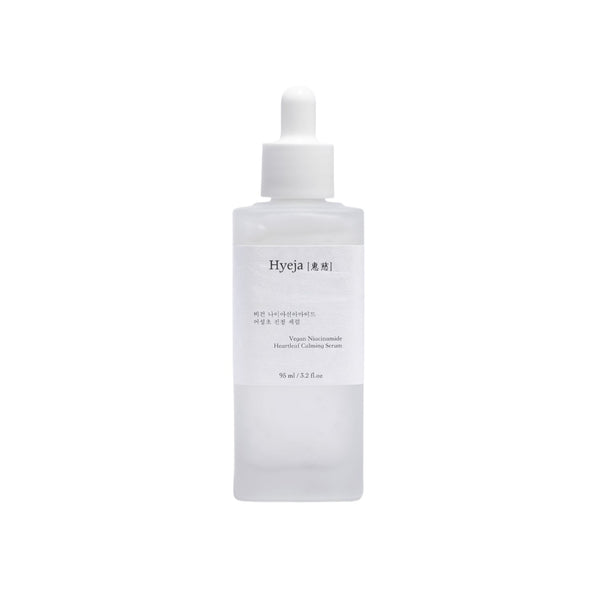 HYEJA Niacinamide Heartleaf Calming Serum in clear glass bottle with white pipette on white background.