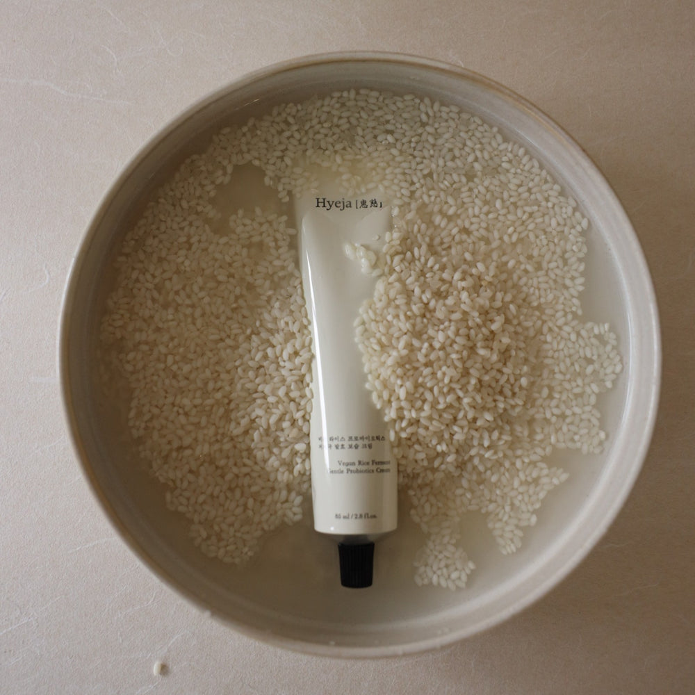 HYEJA Vegan Rice Probiotics Gentle Ferment Cream in white aluminium tube and black cap on white background.