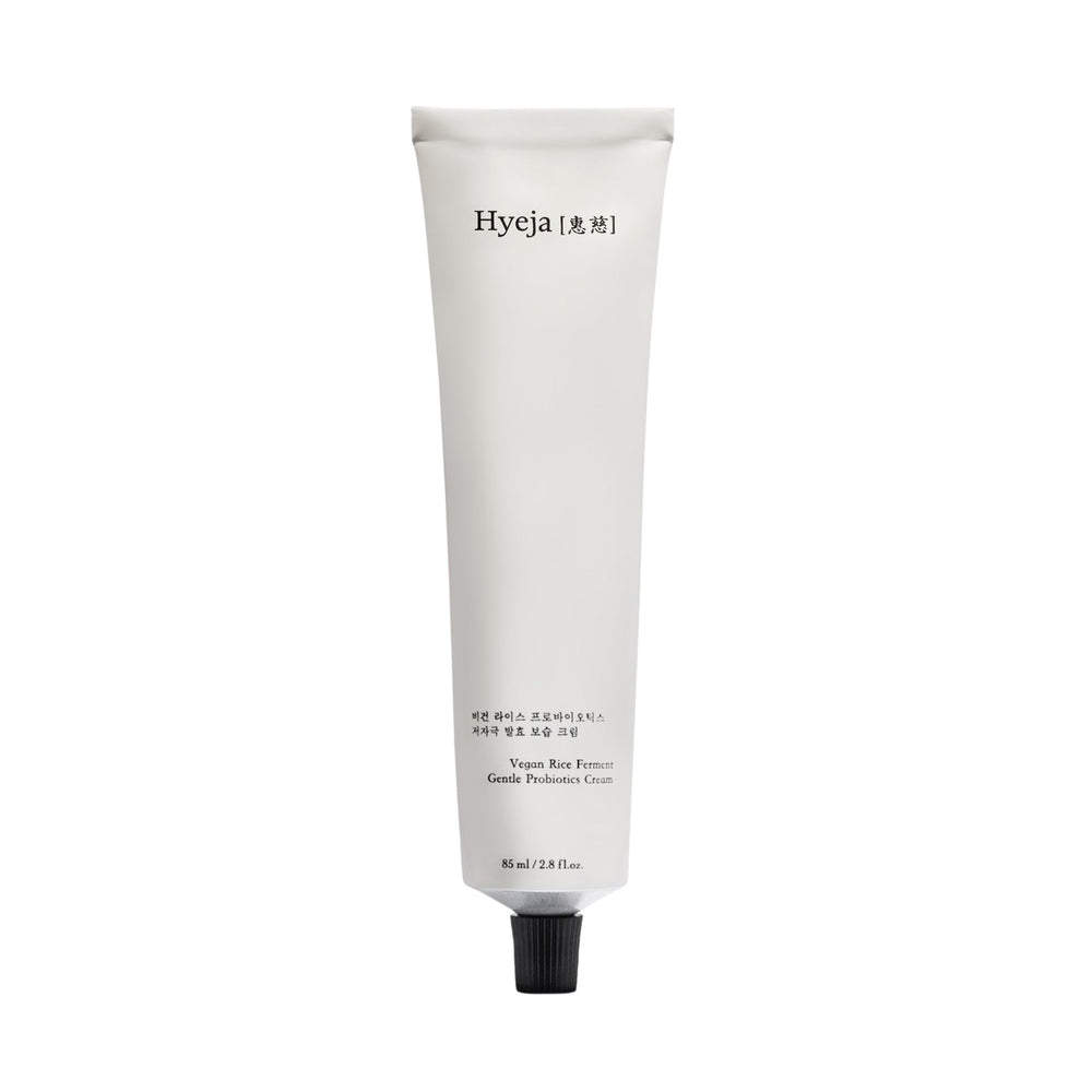 HYEJA Vegan Rice Probiotics Gentle Ferment Cream in white aluminium tube and black cap on white background.