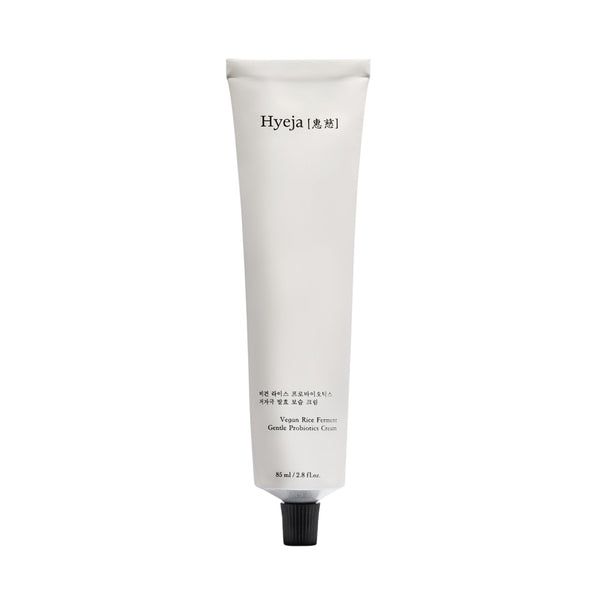 HYEJA Vegan Rice Probiotics Gentle Ferment Cream in white aluminium tube and black cap on white background.