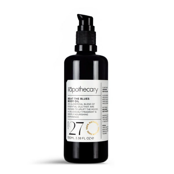 ILAPOTHECARY Beat the Blues Body Oil with clary sage, petitgrain, tuberose, and rose geranium for an uplifting and rejuvenating body care experience.