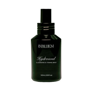 Dark green bottle of INBLUEM Hydrosoul Cleansing & Toning Mist on a white background
