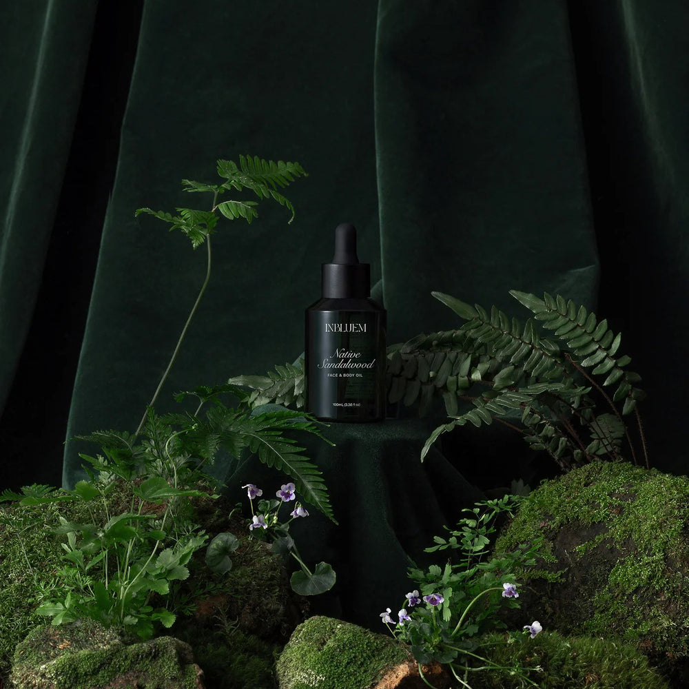 Botanical face and body oil from Inbluem with sweet almond, avocado, macadamia, jojoba, and sandalwood oils for hydration and skin barrier support